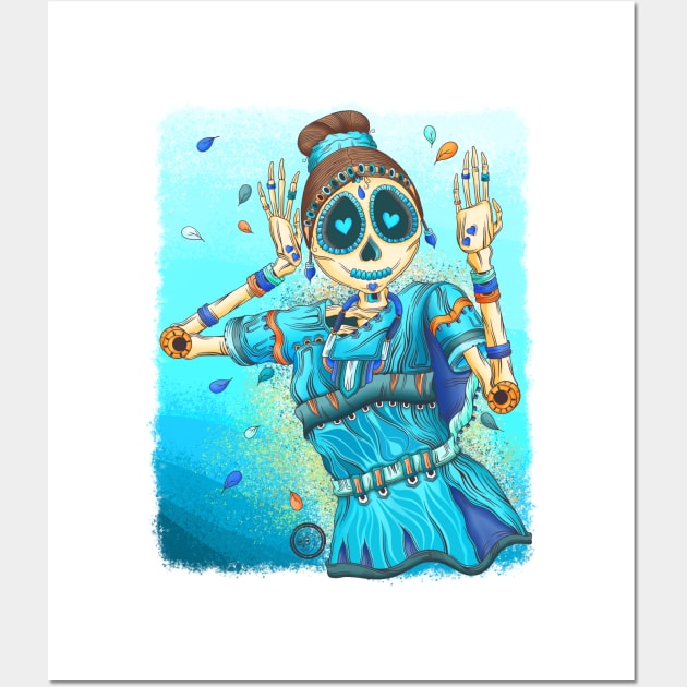 Cute Skeleton Lady - Dia De Los Muertos - Bharatanatyam Classical Indian Dancer Wall Art by Scriptnbones